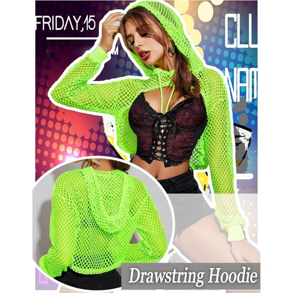 🆕Women’s Green Mesh Hoodie Crop Top Long Sleeve Fishnet Shirt Polyester - Picture 4 of 7